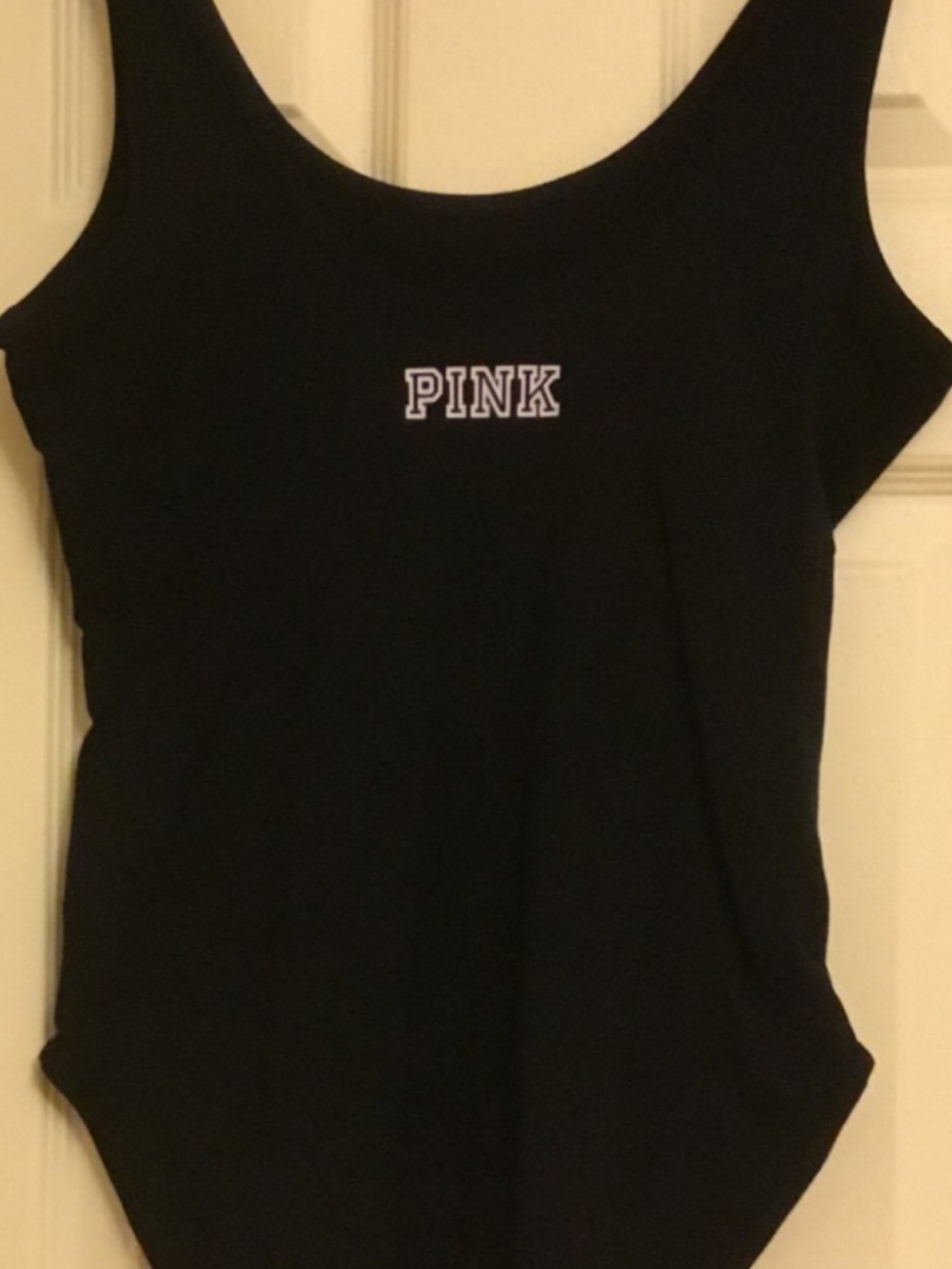 PINK Victoria's Secret Black Scoop Neck Bodysuit with White Logo